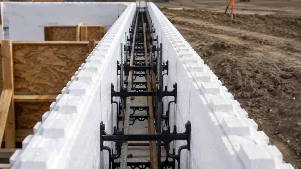 ICF forms showing the concrete core cavity, internal webs and steel reinforcement before pouring.