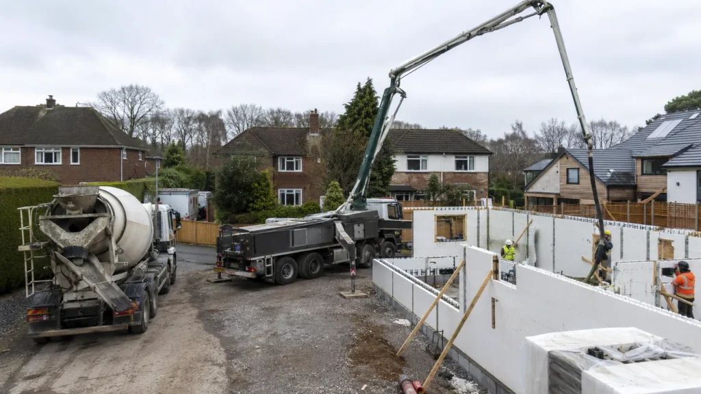 Concrete delivery truck and pump positioned beside ICF walls on a residential construction site.