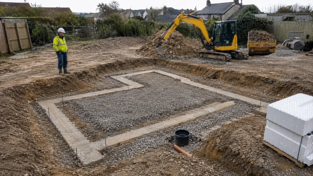 Groundworks and foundation preparation underway before ICF wall construction on a residential site.