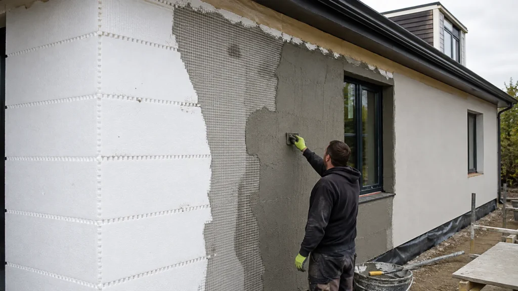 ICF wall progressing from exposed forms to reinforced base coat and finished render.