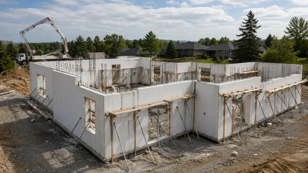 Braced ICF walls with corners and openings prepared for concrete placement.