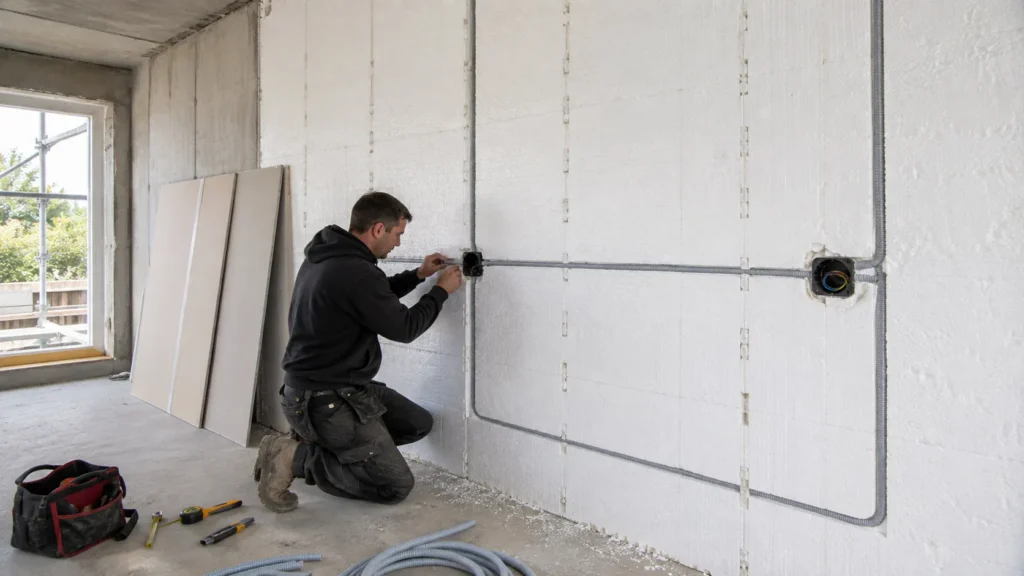 Electrical conduit routed within the internal insulation face of an ICF wall before lining.